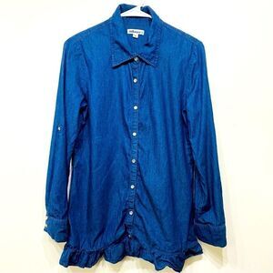 Dollhouse Womens Medium Pearl Snap Front Ruffle Denim Chambray Long Sleeve Shirt